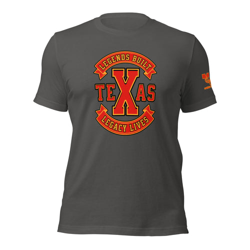 Dark gray t-shirt featuring a bold red and orange 'Legends Built, Legacy Lives' design with a large 'Texas' graphic in the center, perfect for gym-goers and Texas pride enthusiasts. Metroflex Gym Arlington, TX