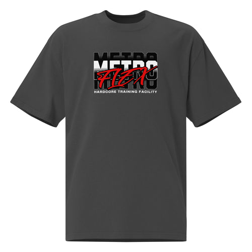 Metroflex Gym Retro oversized t-shirt in dark gray featuring bold 'Metroflex' branding with a red, retro-inspired logo and the text 'Hardcore Training Facility' underneath, showcasing the iconic Metroflex Gym style.